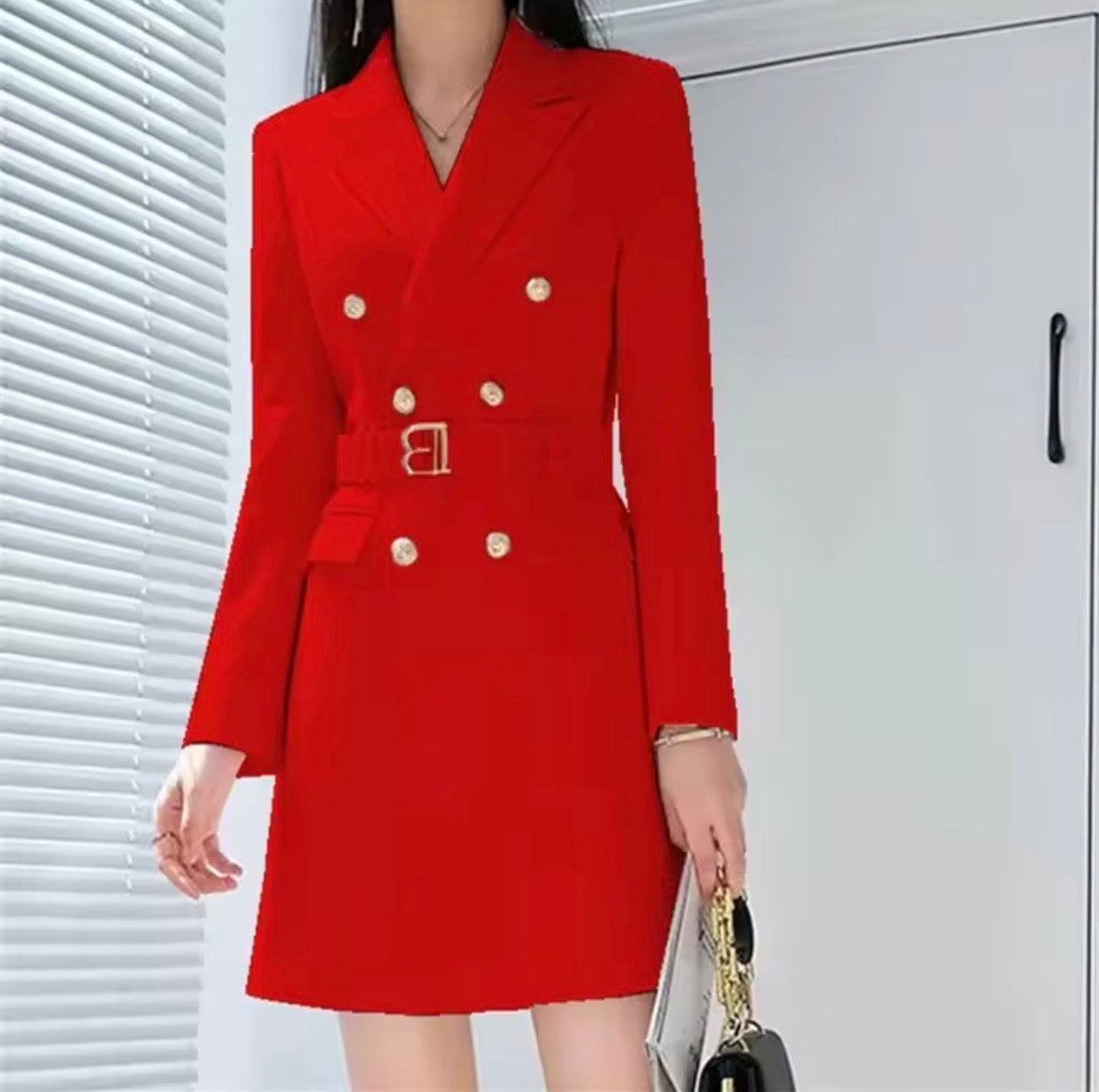 French Woman Style Suit Spring Cinched Waist Professional Suit Jacket Double Breasted Long-Sleeved Jacket With Belt for Lady