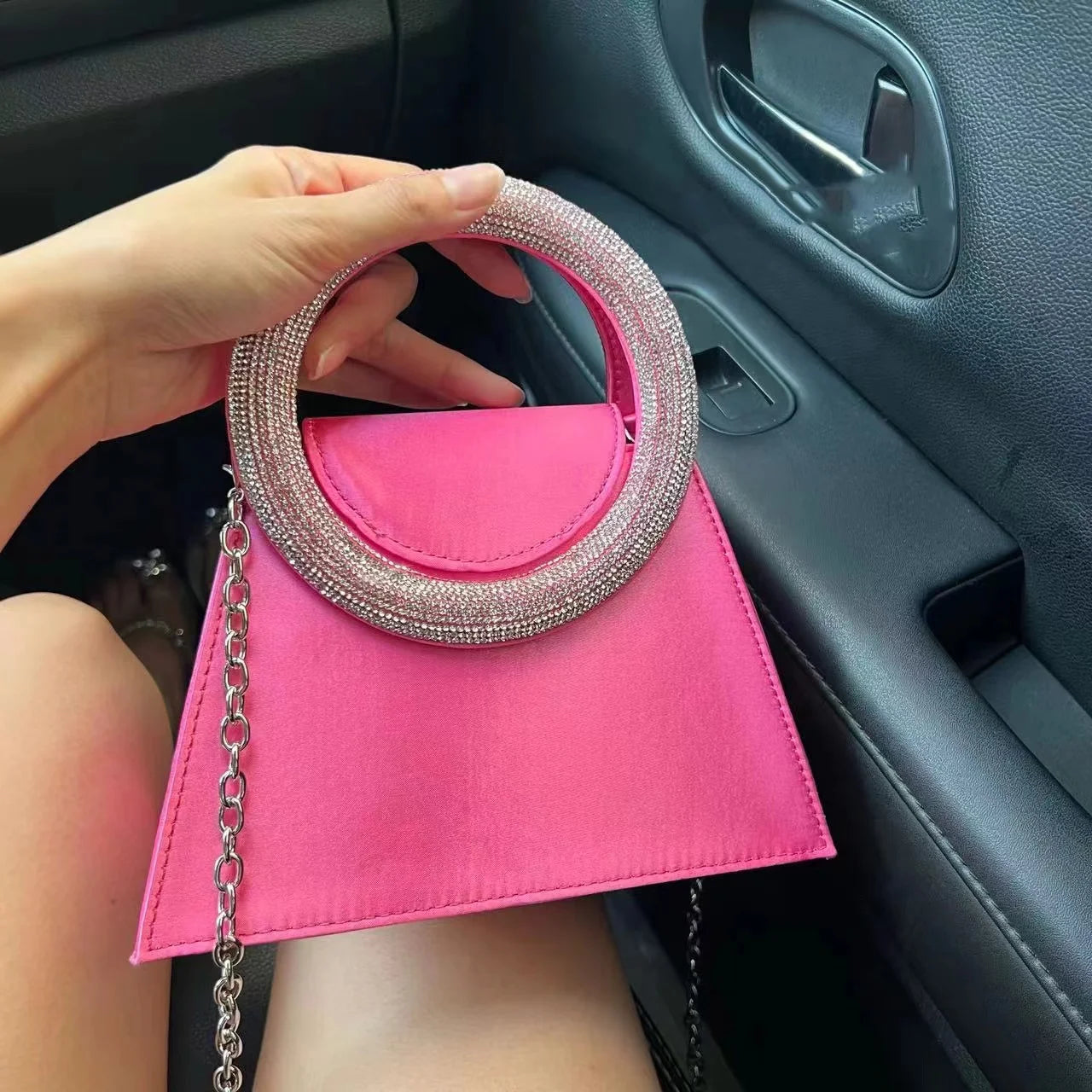 Elegant Satin Evening Clutch Bag with Diamond Handle – Women’s Luxury Party & Wedding Crossbody