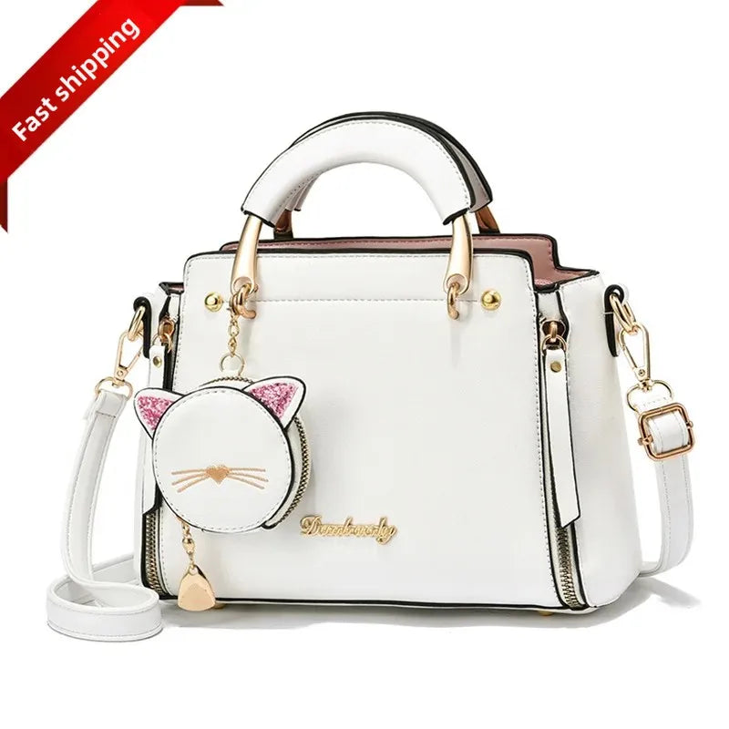 Large Capacity Cat Pendant Ladies Handbag Soft PU Leather Single Shoulder Bag